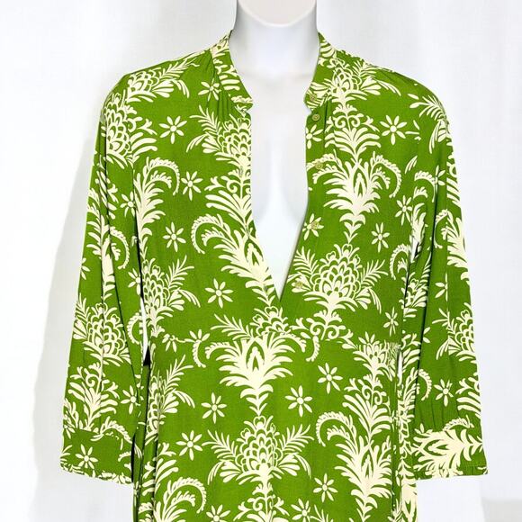 Zara Green White Lilou Maxi Dress Size M Belted Button Front Floral Boho Resort - Picture 7 of 12